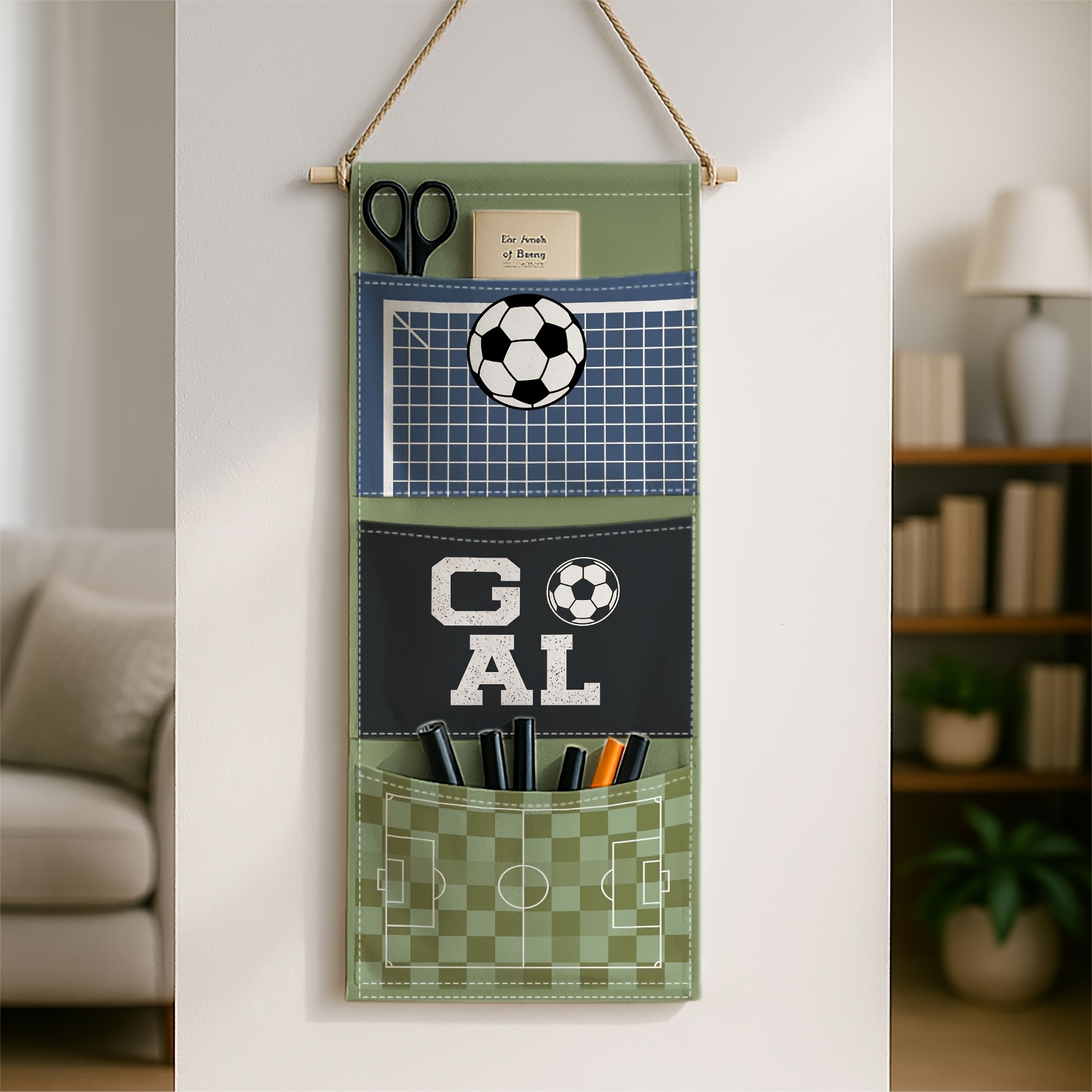 TEMU 1pc Retro Soccer-themed Wall-mounted Storage Organizer With Hanging Organizer & Multiple Pockets - Sturdy Fabric Shelf Suitable For Wardrobe,