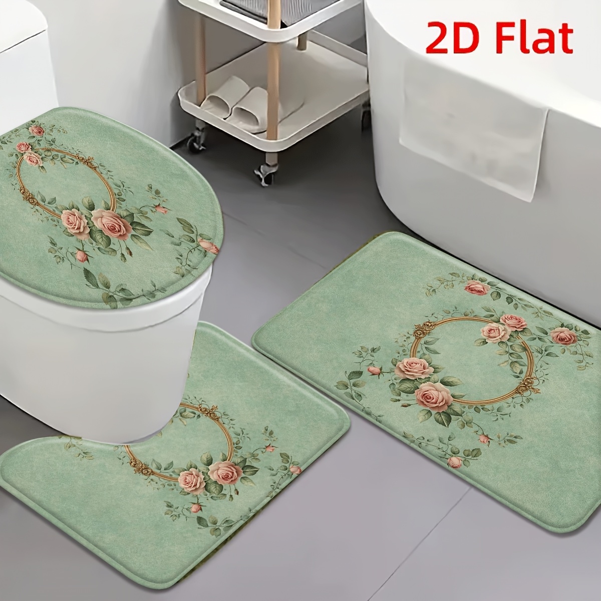 TEMU 3pcs Handmade Suitable For Bathroom Non-slip Rose Floral Bath Set, Soft Absorbent Machine Washable Thick Mat With Backing, Suitable For Entrance