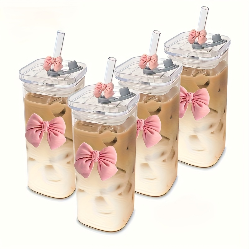 Image of 4/6pcs Square Glass Cups For Autumn And Winter, Perfect For Milk Tea, Portable Bowknot Drinking Cups, 12oz/350ml Glass Cups With Lid And Straw, Ideal For Collectors, Families