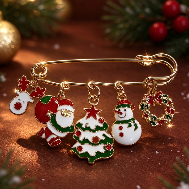 TEMU Christmas Red And Drop Alloy Large Safety Pin Brooch, Red- Reindeer Back Gift Santa Claus Snow Christmas Tree Snowman Wreath Multi-drop Pendant