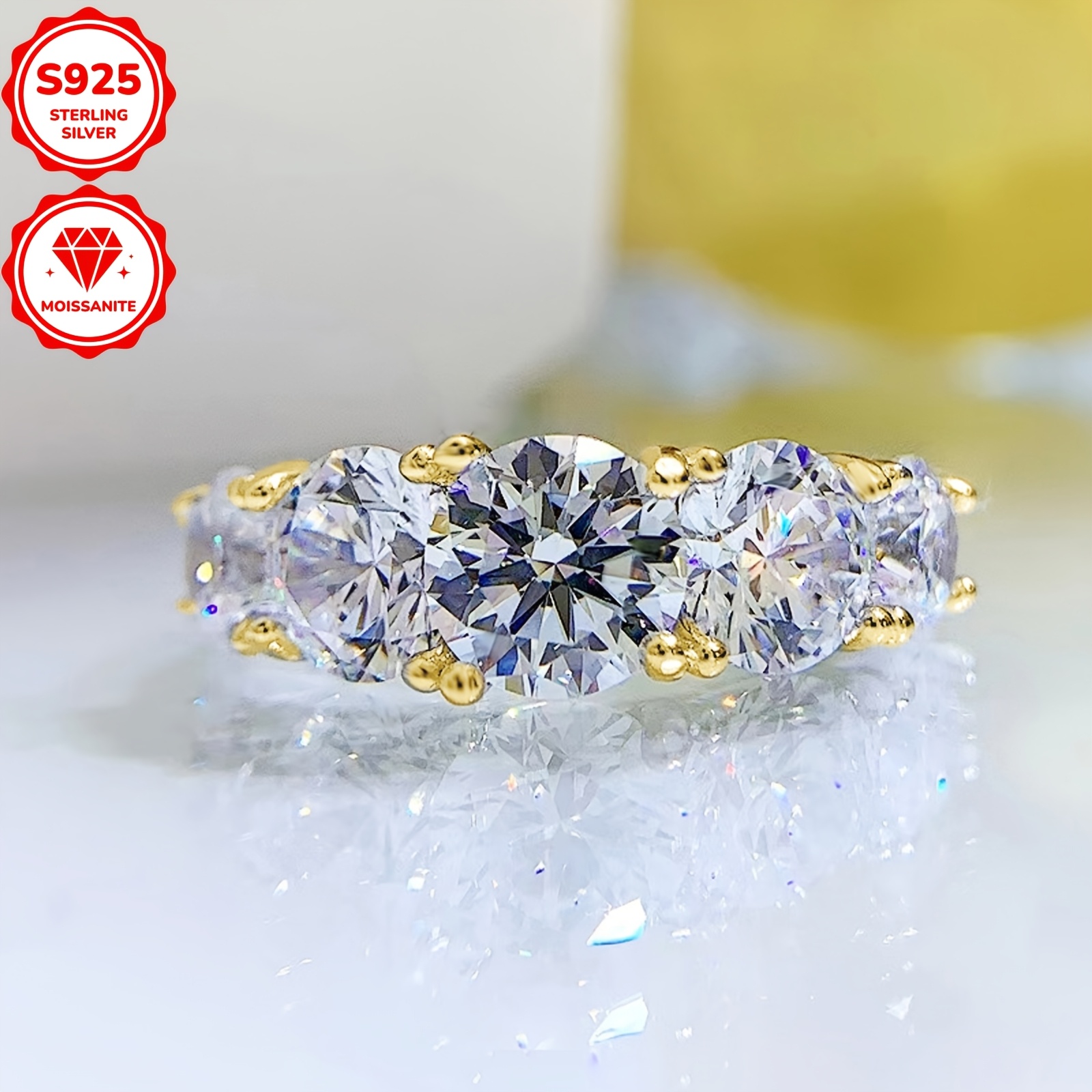 Moissanite 5 Stone 925 Silver Ring, 6.5mm Round Moissanite