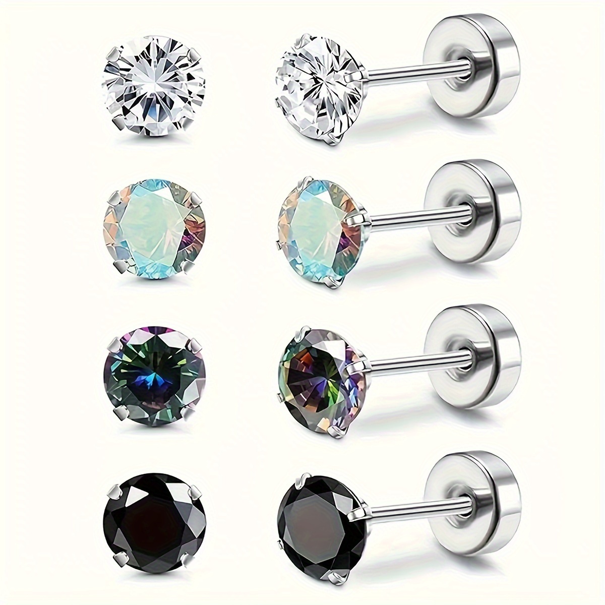 

4 Pairs Of Steel Silvery Four-claw /ab/round Zirconia Earrings