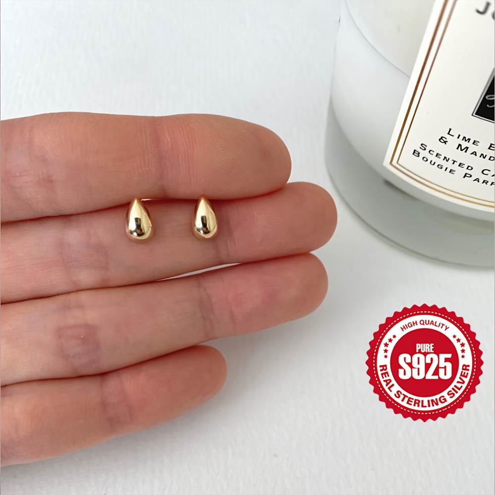 

1 Pair 925 Sterling Silver Vintage Bohemian Style Water Droplet Stud Earrings, 18k Gold Plated Classic Pierced Earrings, Elegant Fine Jewelry Gift For Women - Ideal For Mom And Vacation