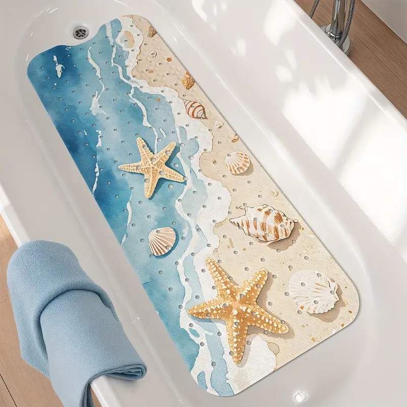 1pc beach print non slip shower mat pvc bath mat with ocean waves seashells design blue white bathroom bathtub and shower safety bathtub mat Product details 4