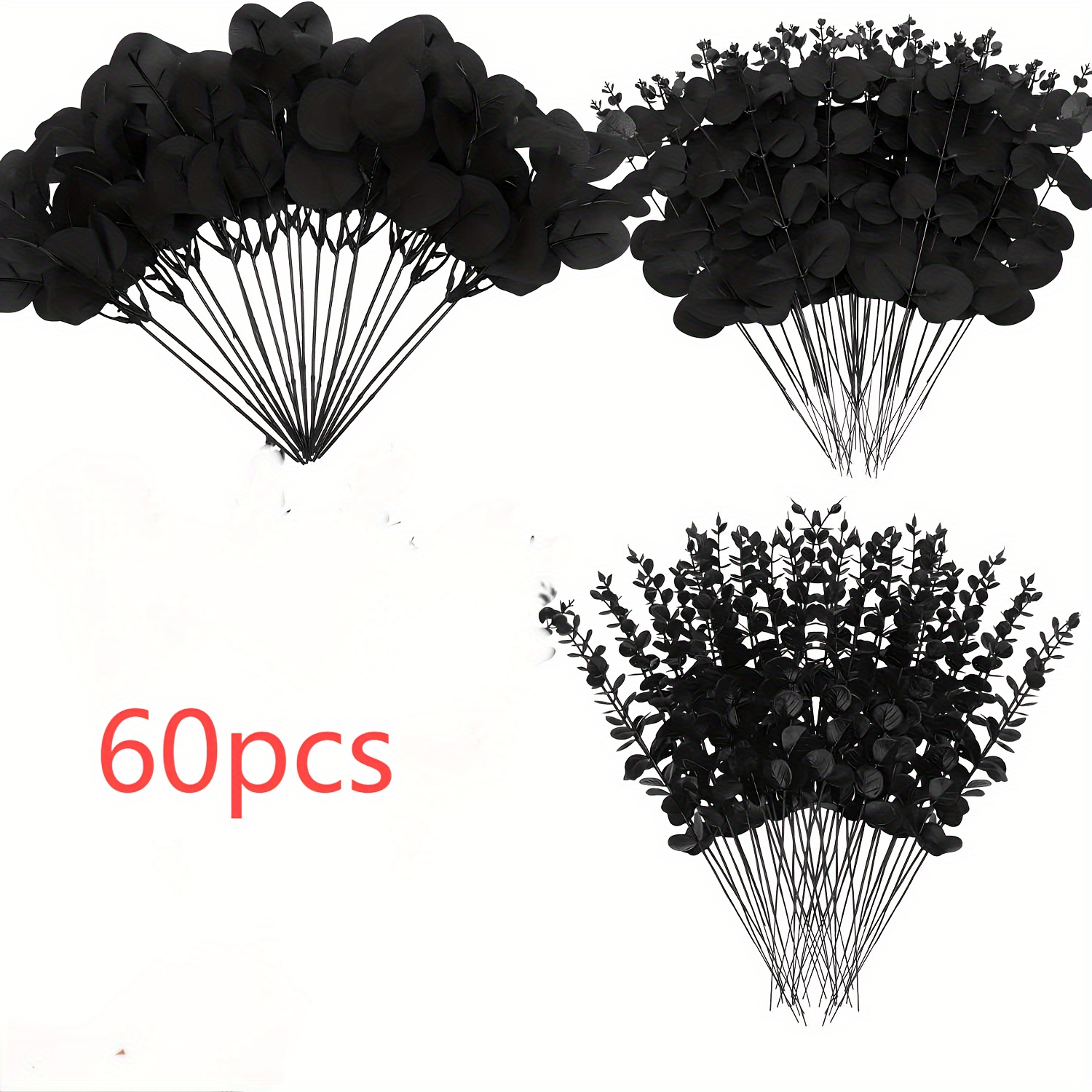 Image of 60pcs Of Mixed Eucalyptus Leaves And Stems In 3 Varieties, Bulk Artificial Silver Leaves, Dried Eucalyptus Bundles For Spray Use In Wedding Vases, Bouquets, And Floral Arrangements (black)