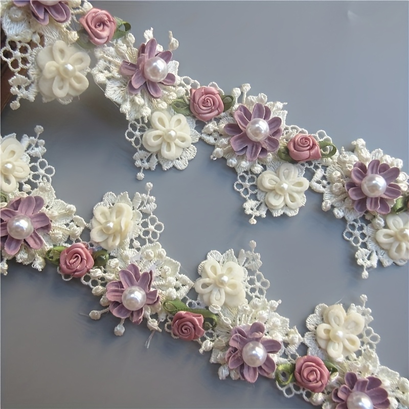 Image of 10pcs Flower Apricot Bead Rose Embroidery Lace Trim Ribbon Fabric Sewing Supplies Craft Hat Decoration