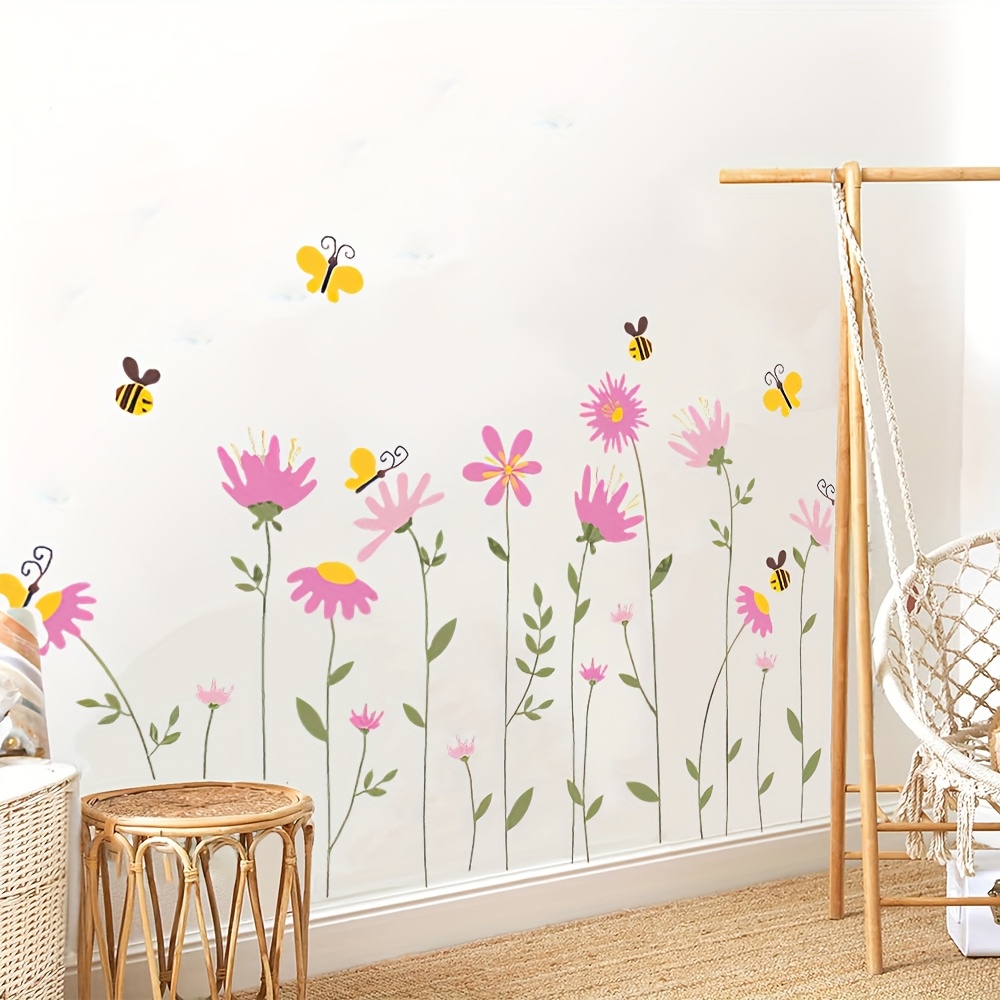 A Set Of Pink Floral Wall Stickers Featuring Bees And Butterflies, Suitable For Decorating Bedrooms And Living Rooms