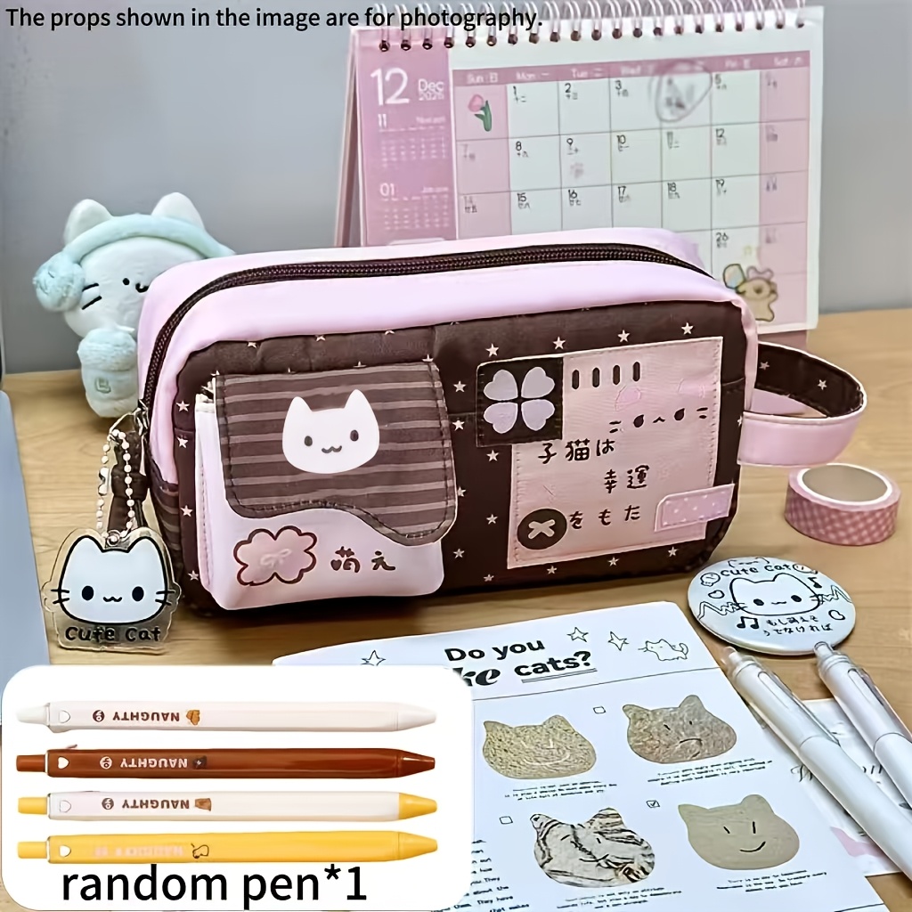 TEMU Trousse à crayons sur le thème des chatons mignons avec stylo aléatoire - Rose et marron disponibles, idéale pour , le rangement de papeterie et