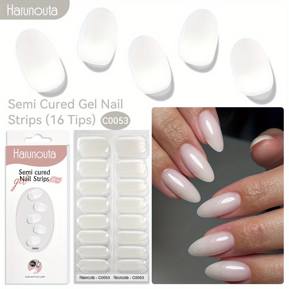 Image of Harunouta 16strips Semi Cured Gel Nail Strips Jelly Milky Gel Nail Stickers Glitter Jelly White Gel Nail Wraps Gel Polish Stickers Nail Art Manicure For Men Women Winter Nails
