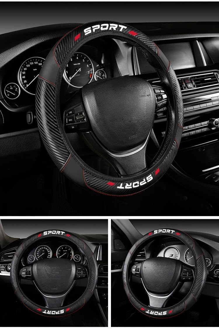 Funda para Volante de PU con Costuras de Imitación de Cuero de Fibra de Carbono, Adecuada para Volantes de Coche de 15 Pulgadas, Universal para Cuatro Secciones