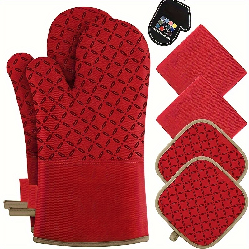 

6-piece Extra Long Oven Mitts Set - Heat Resistant Oven Gloves And Pot Holders For Cooking - Non-slip Silicone Surface, 500 Degree Protection, And For Safe Kitchen Handling