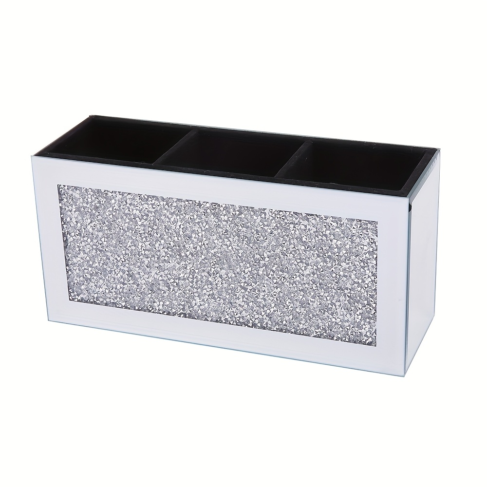 Image of Crystal Glass Diamond-studded Makeup Brush Holder Makeup Brush Storage Tube Transparent Glass Lipstick Storage Box Desktop Crystal Cosmetics Compartment Organizer Glass Diamond-studded Box