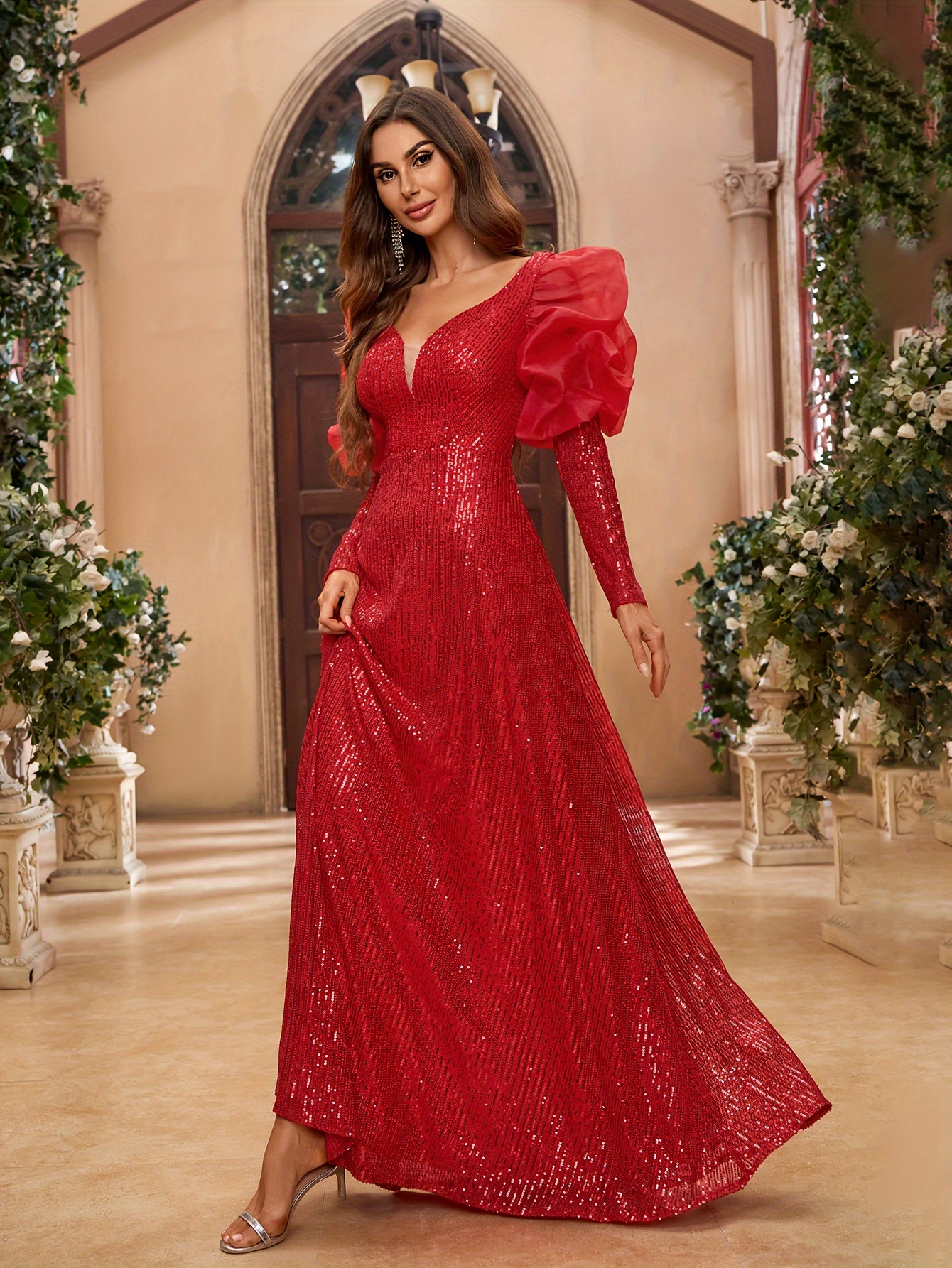 fitted lace wedding dress The Georgia Sequin Puff Sleeve Dress XL