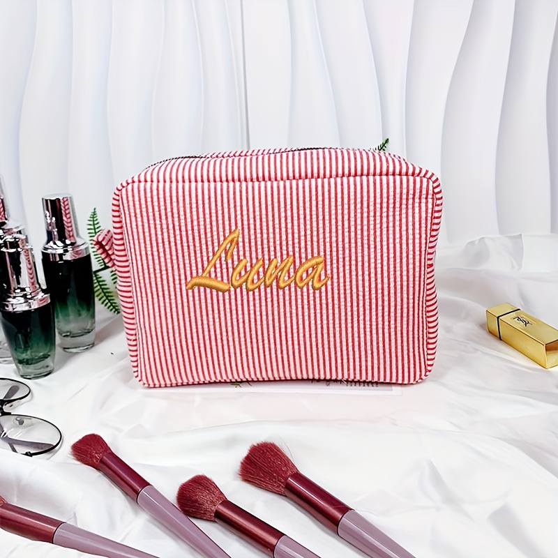 TEMU Personalized Name Embroidery Makeup Bags - Colorful Striped Cosmetic Pouches With Customizable Text, Ideal For School, Commute, Travel, Beach |
