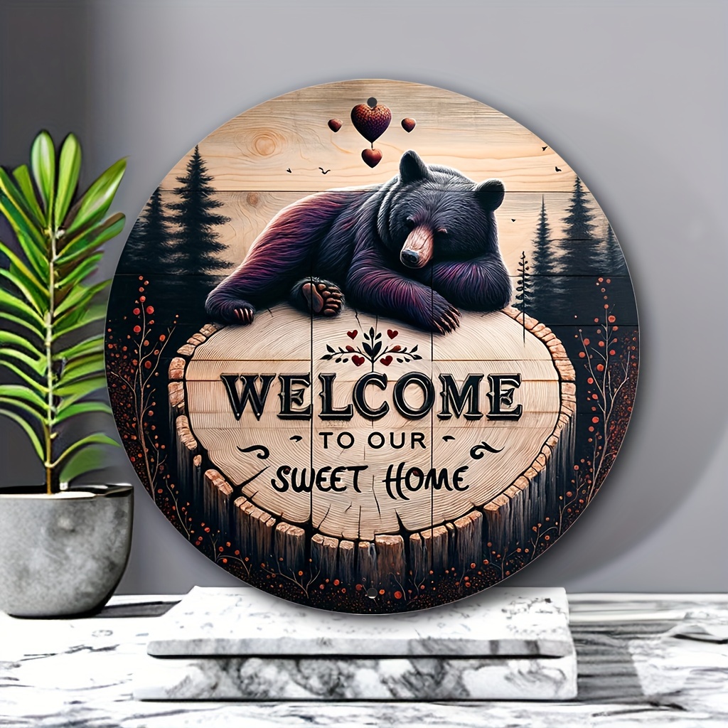 

Welcome To Our Sweet Home Black Bear Aluminum Wall Hanging Decor - 8" Round Outdoor Animal Theme Portrait Orientation Pediment For Living Room, Garden, Office - Waterproof, Pre-drilled, Hd Printing