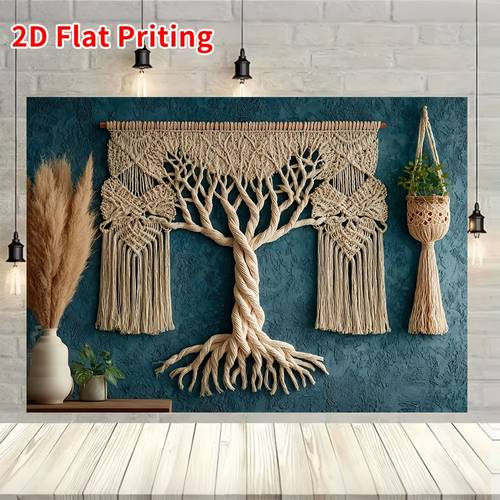 2d flat 1pc tree of life macrame wall hanging backdrop boho braided trunk roots tassels with pampas grass teal beige suitable for weddings showers photo background for decor bohemian decoration 2d flat