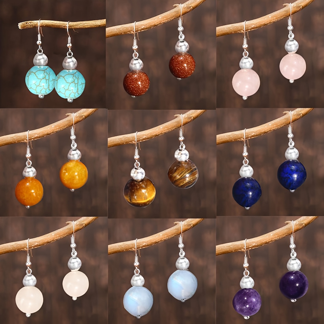 E-shop 9 Paar handgefertigte Naturstein-Ohrringe | Tigerauge-Perlenohrringe, Rosenohrringe, -Ohrringe, Bohemian-Stil Chakra Yoga, Hochzeits-