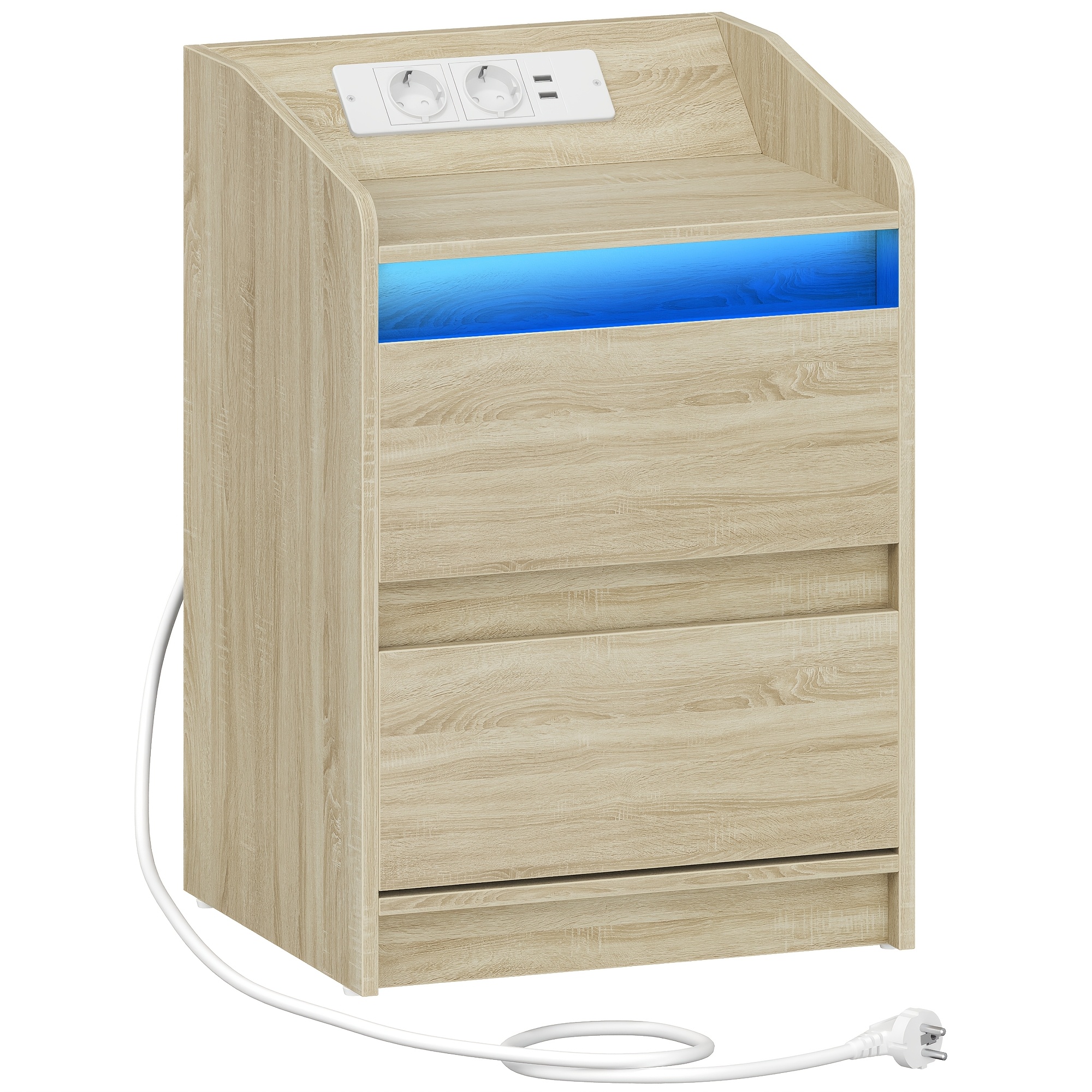 Bedside Tables With Led Lights, Charging Station And 2 Drawers, Side Table With Usb Ports And Sockets, Stylish And Versatile, For Living Room And Bedroom, Oak