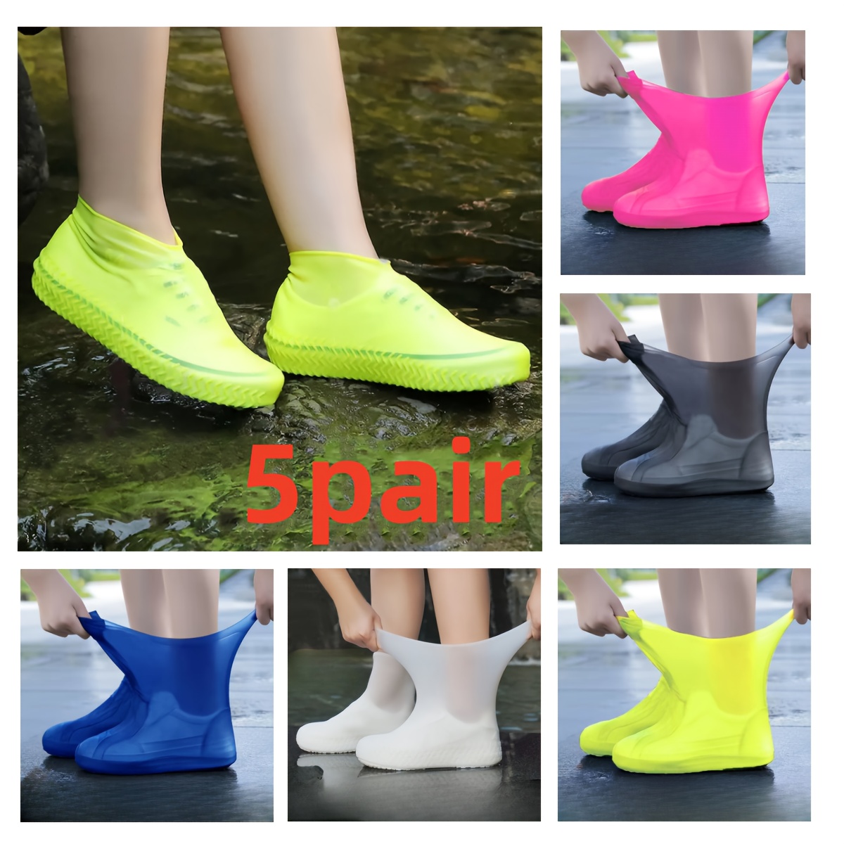 

5 Pair Of Outdoor Latex Rain Boots Waterproof Shoe Cover That Can Be Reused For Rain Prevention. Multiple Colors To Choose From, Durable