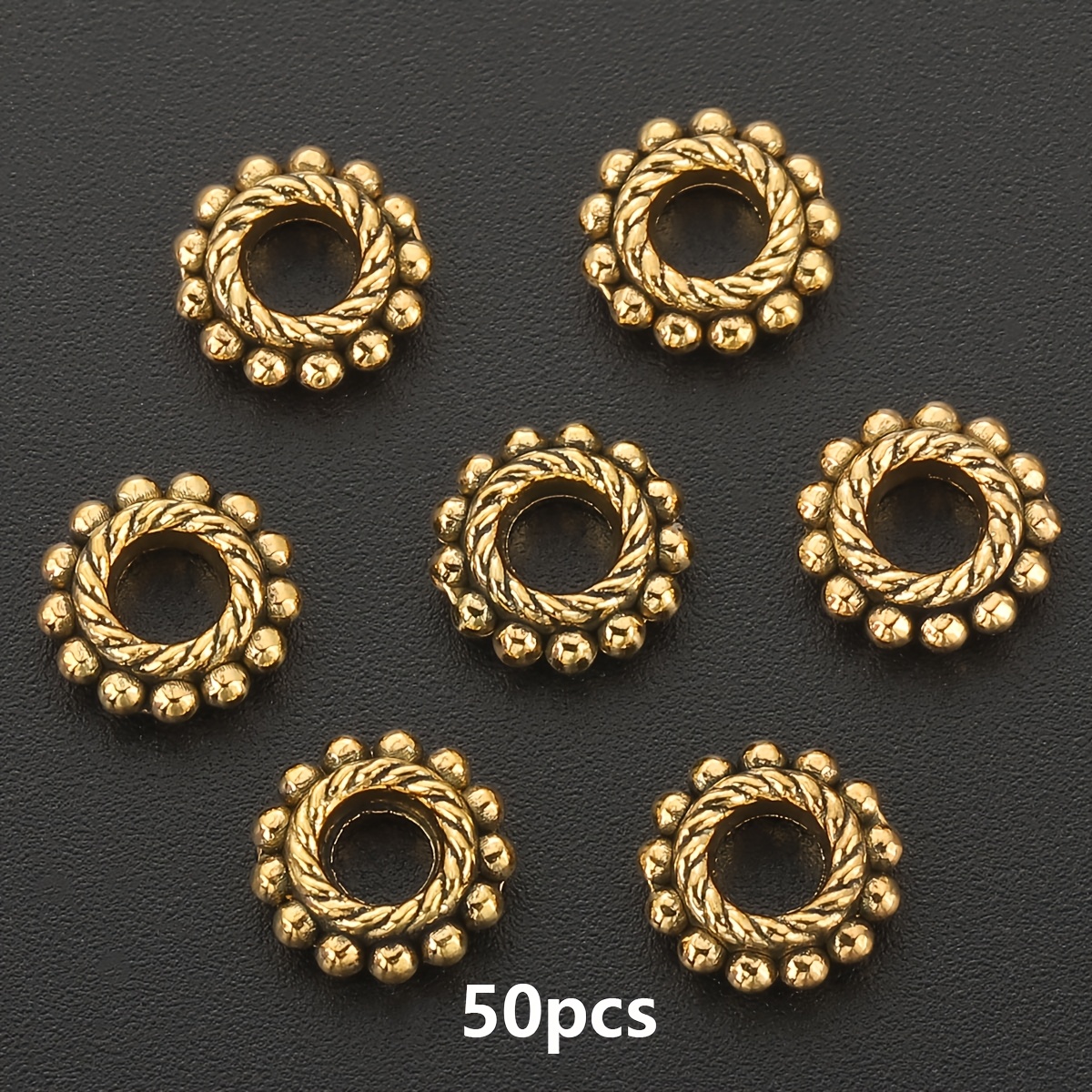 TEMU 50pcs Twisted Pattern Spacer Beads Antique Golden Alloy Round Dot Border Loose Beads . 8mm Flat Round Spacer Beads Decorative Beads Beads Bead