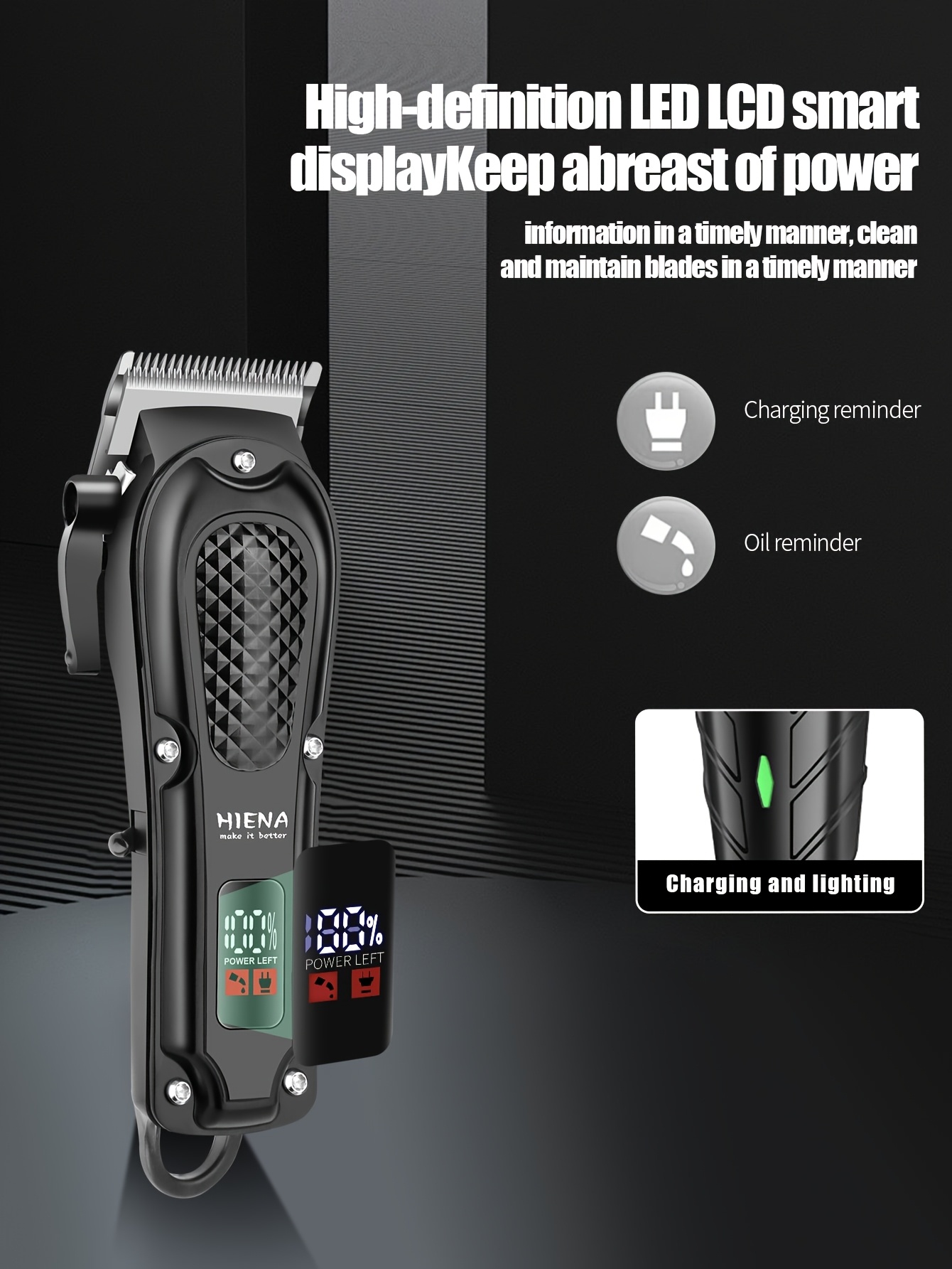 HIENA PRO Men's Electric Hair Clipper Set - Sleek Black Beard Trimmer with LCD Display, T-Blade, USB Rechargeable, 1500mAh Lithium Battery, Includes Multiple Comb Attachments for Styling & Grooming - Ideal Gift