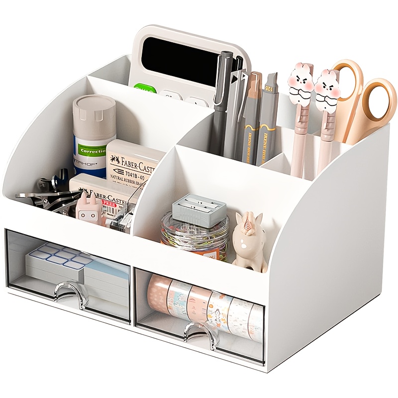 Image of 6-compartment Desk Organizer With 2 Drawers, Plastic Cosmetic Storage, Desktop Organizer Set, Pencil Holder, Perfect For School, Supplies, Desk & Drawer Organizer For Home Storage