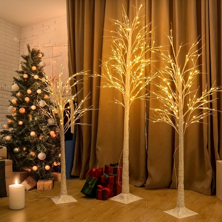 TEMU Set van 3 LED-verlichte witte berkenbomen, 3 stuks 4FT+5FT+6FT kunstkerstboom met voorverlichte warmwitte LED-verlichting, USB-aangedreven