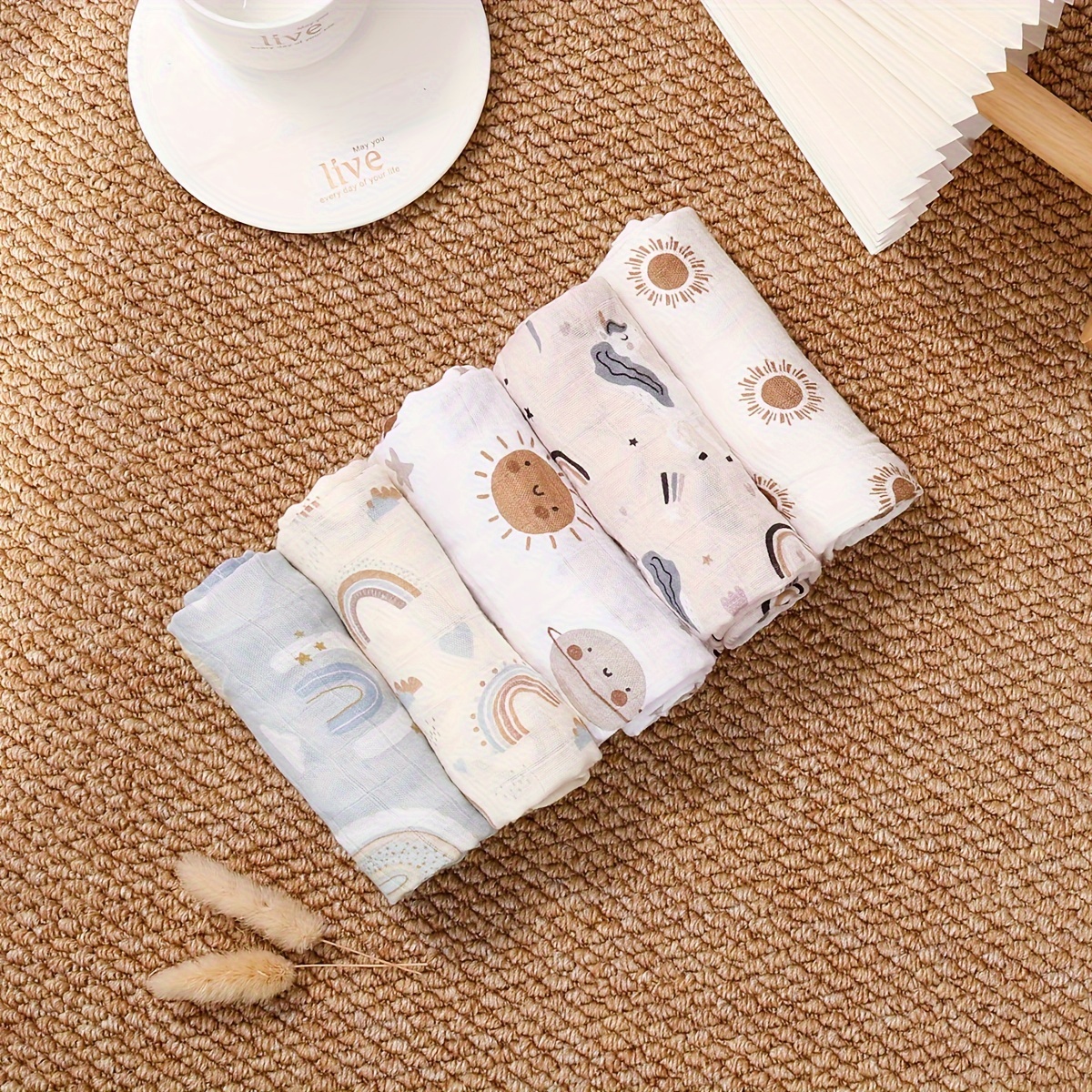 Image of 5pcs Bamboo Muslin Swaddle Blanket, Burp Cloth & Baby Washcloth - Soft Multi-use Newborn Bib, Scarf, Bath Towel Suitable For Halloween, Christmas, Thanksgiving Gifts