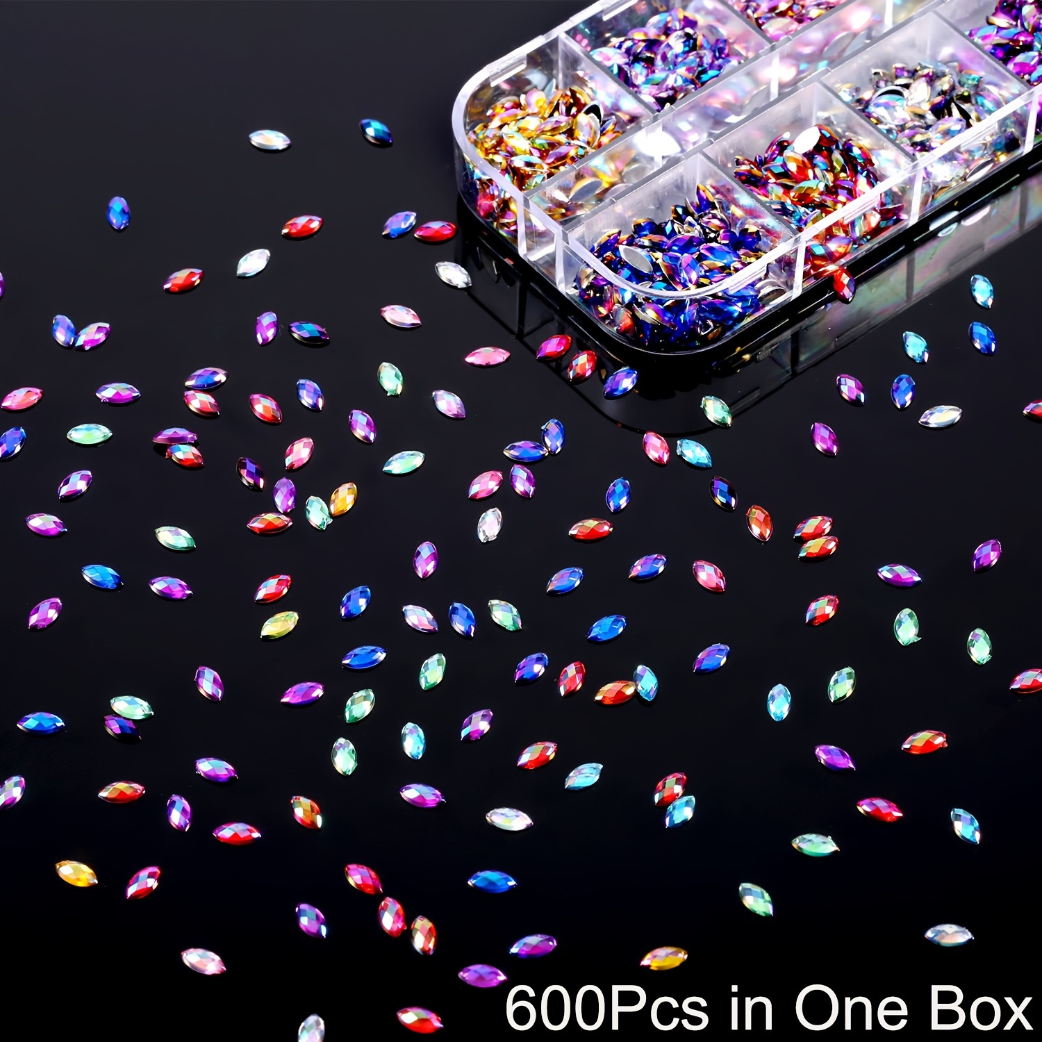 TEMU A Set Of Shiny Nail Rhinestones In 12 Colors, Available In Either 360 Or 600pcs, Featuring Shapes. Flat Back Acrylic Nail Beads Come In A Box,