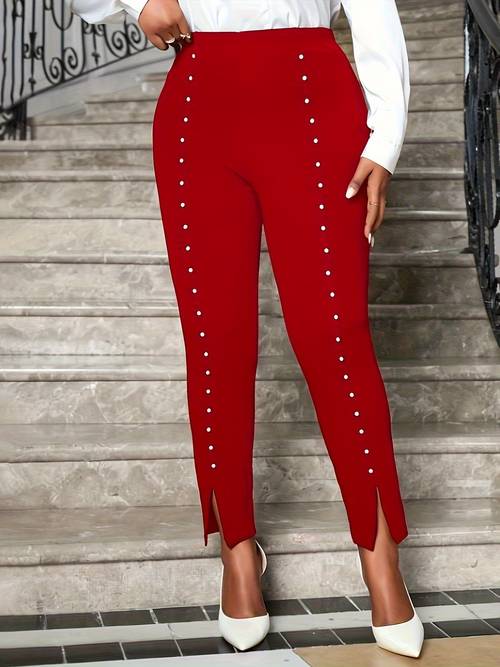 2pcs elegant stretchy skinny pants for women high waisted beaded detail at the ankle size fashionable attire elegant highwaist pants stretchy fabric