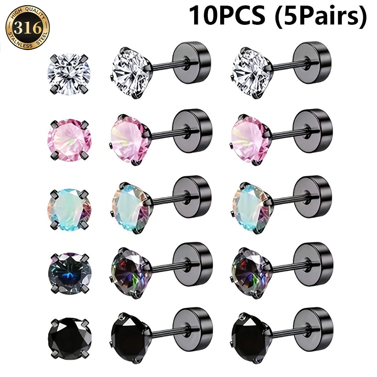 TEMU 10pcs (5 Pairs) Stainless Steel Round Synthetic Cubic Zirconia Stud Earrings, Cartilage Piercing Compatible. Perfect For Parties And Valentine's