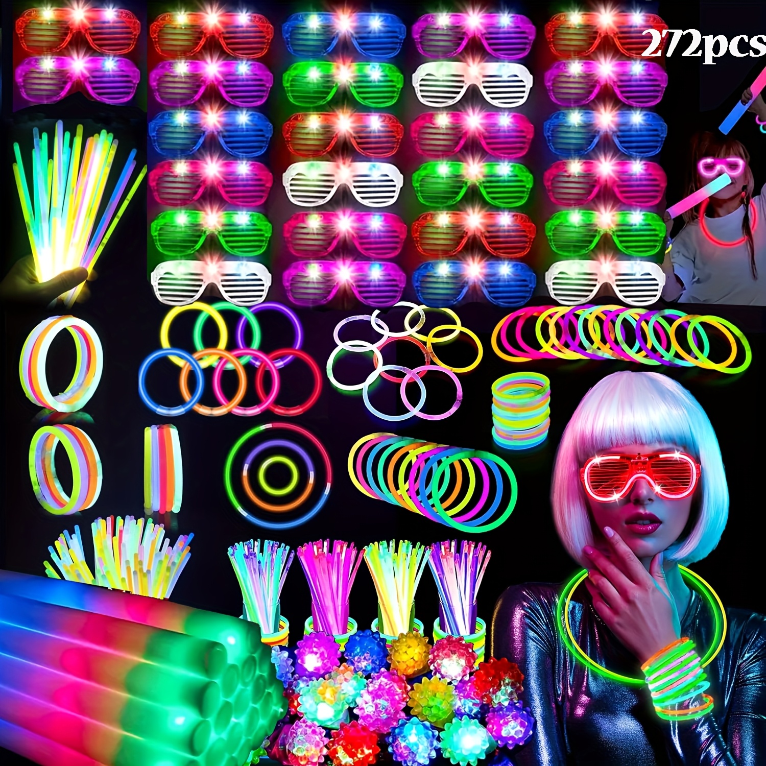TEMU 272pcsglowin The Dark Party Supplies, Glow In The Dark Sticks Wholesale Party Pack, Foam Glow In The Dark Sticks, Led Glasses, Led Light Rings