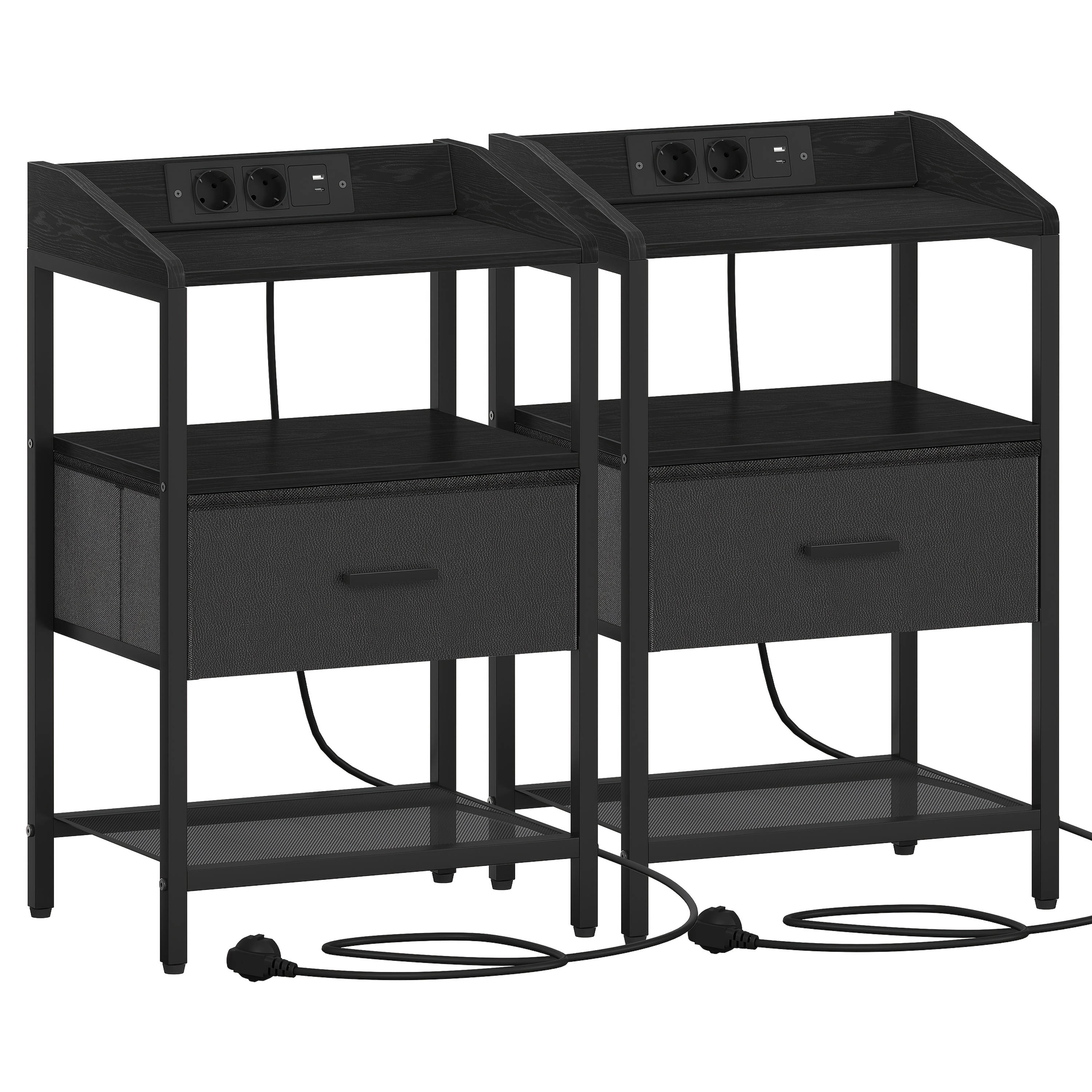 E-shop Beistelltisch Set mit 2, Beistelltisch mit Steckdose, Nachttische mit 1 Stoffschublade und offener Schublade, für Schlafzimmer, Wohnzimmer, 30 x
