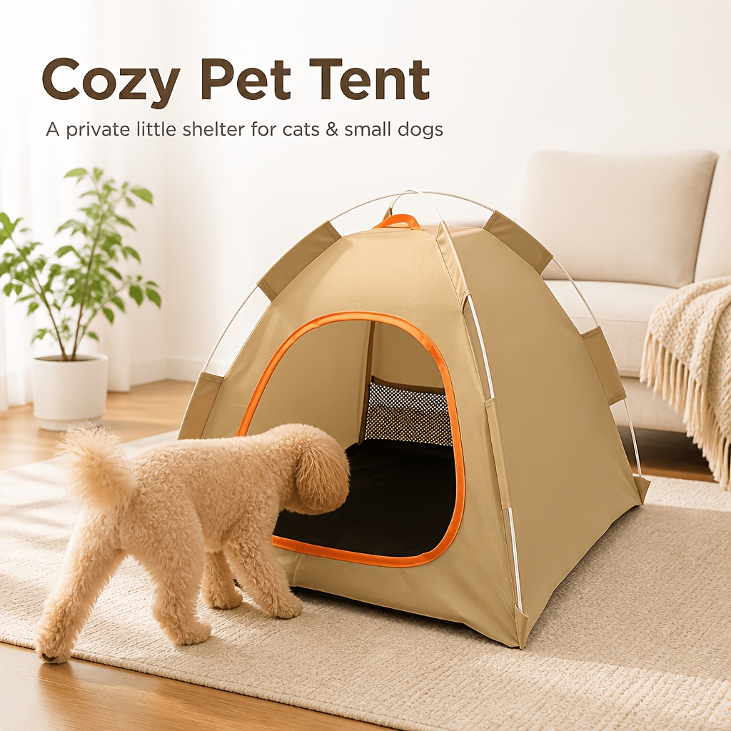 TEMU Foldable Portable Pet Tent Suitable For Cats & Small Dogs - Breathable Mesh Triangular Canopy Tent With Removable Panels, Compact Indoor/outdoor