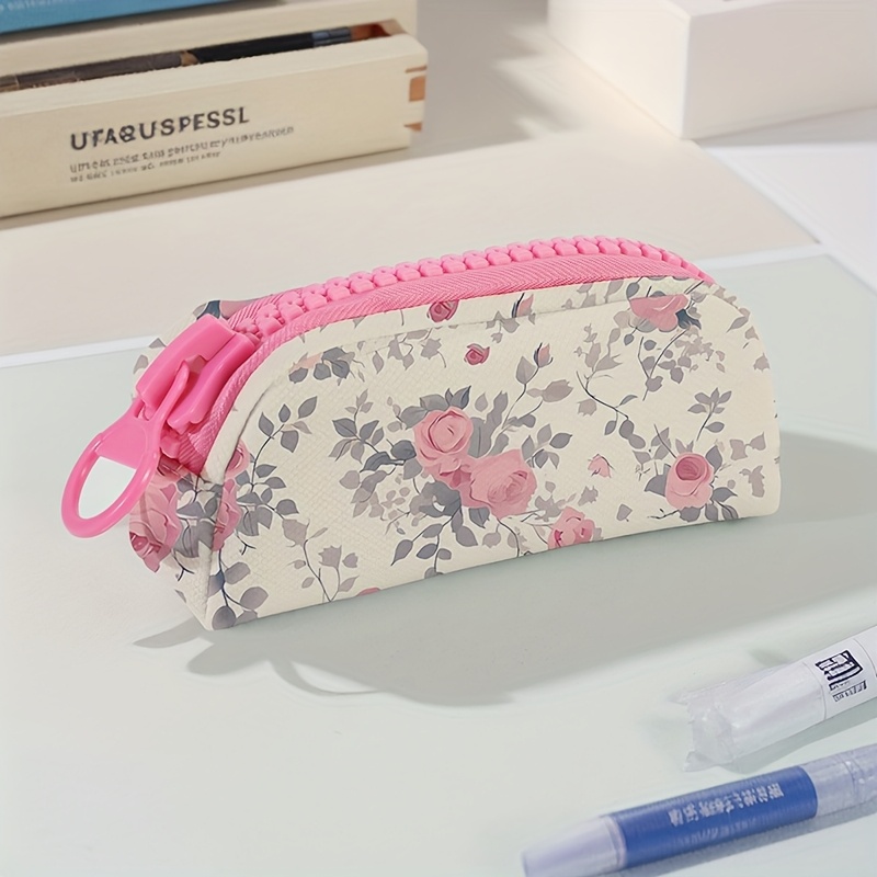 TEMU Leaf Rose Pattern Printed Pink Large Zipper Stationery Box, Large Capacity Makeup Bag, Large Zipper Stationery Box Suitable For Stationery And