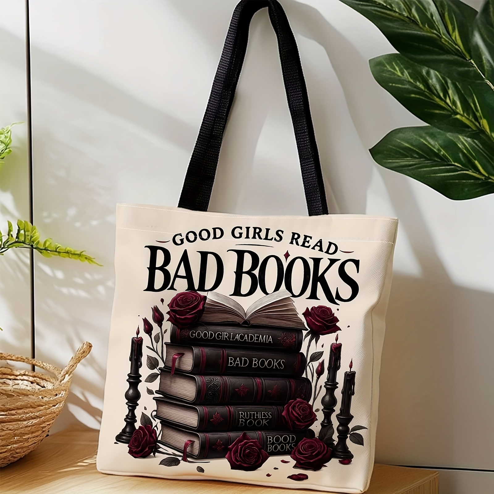 TEMU 1pc Double-sided Printing Shopping Tote Bag, Portable Shoulder And Back Hand Bag, Suitable For Books, Candles, Roses And Other Items, Travel,
