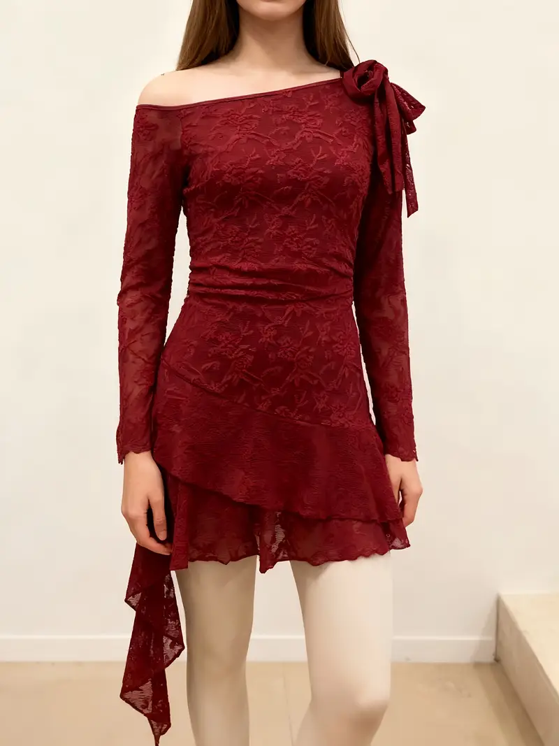 burgundy lace one shoulder dress vintage court style flared - Temu Oman burgundy lace one shoulder dress vintage court style flared - Temu Oman