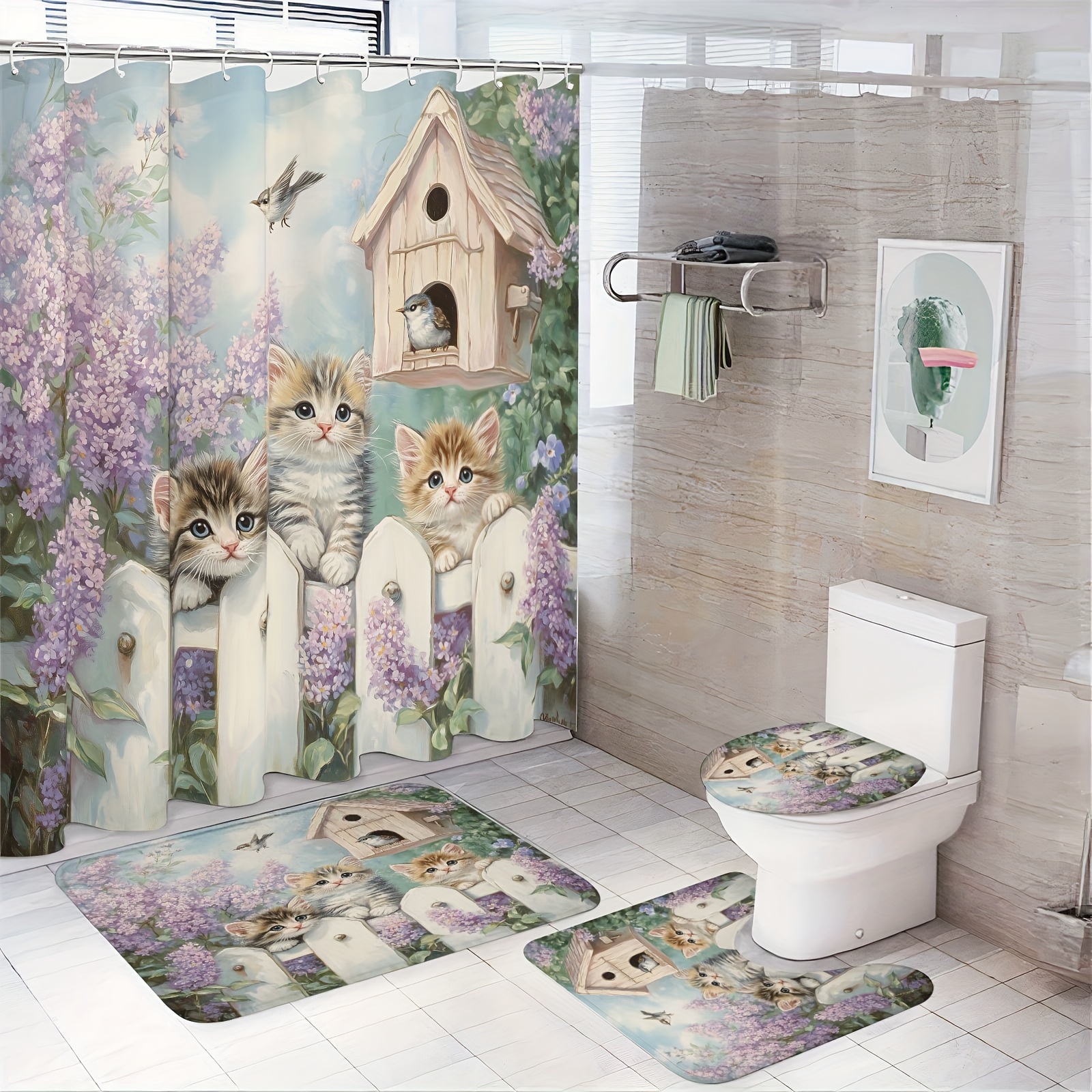 

Floral & Cat Shower Curtain Set With Rugs - Stain Resistant Polyester Knit Weave Bathroom Decor, Machine Washable, Includes Hooks, Birdhouse & Kitten Design, Curtain & Mat Set With Eyelet Accessory