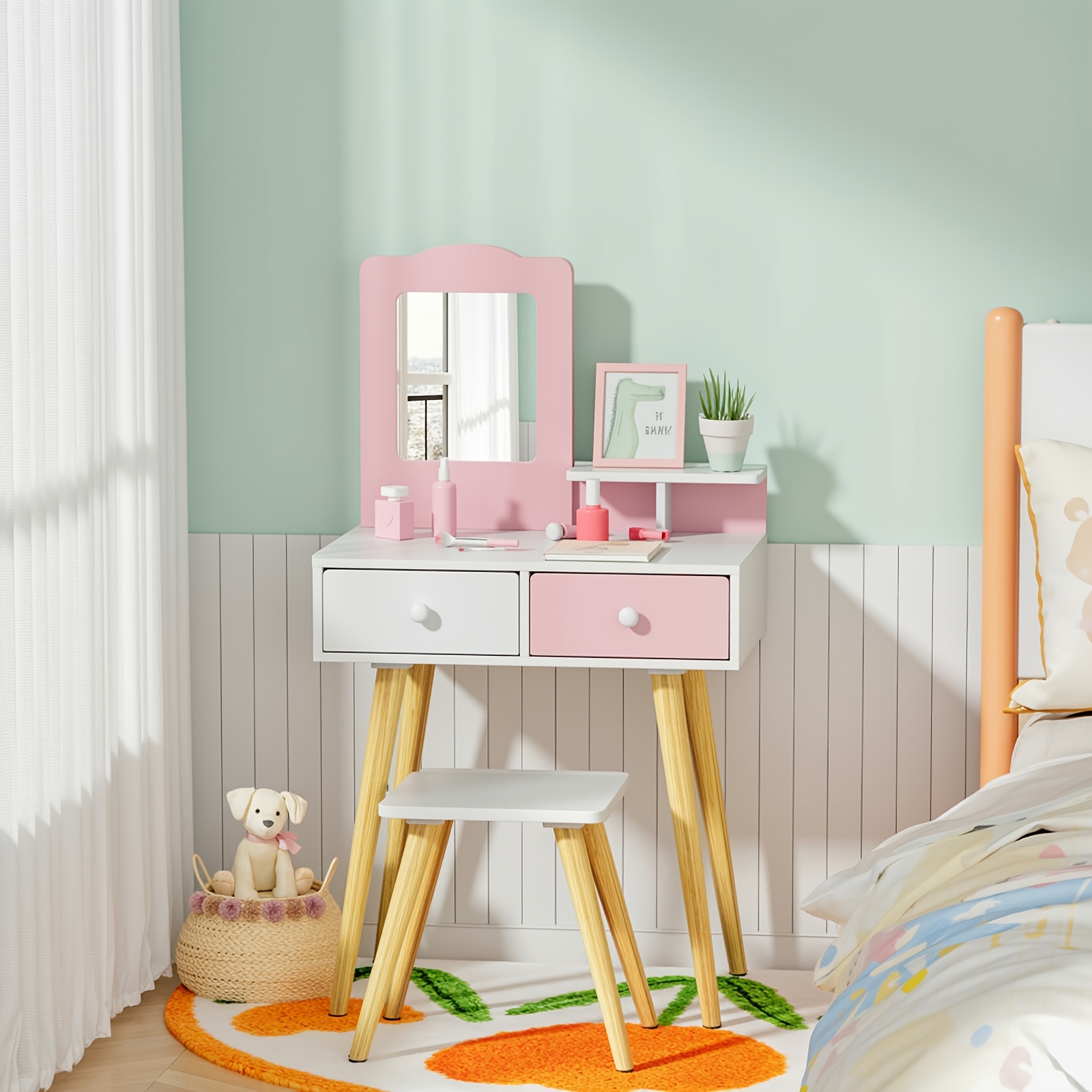 Dressing Table With A Removable Mirror, 2 Drawers, And A Stool; Dressing Table Set, 60x40x108cm, Sturdy And Durable.