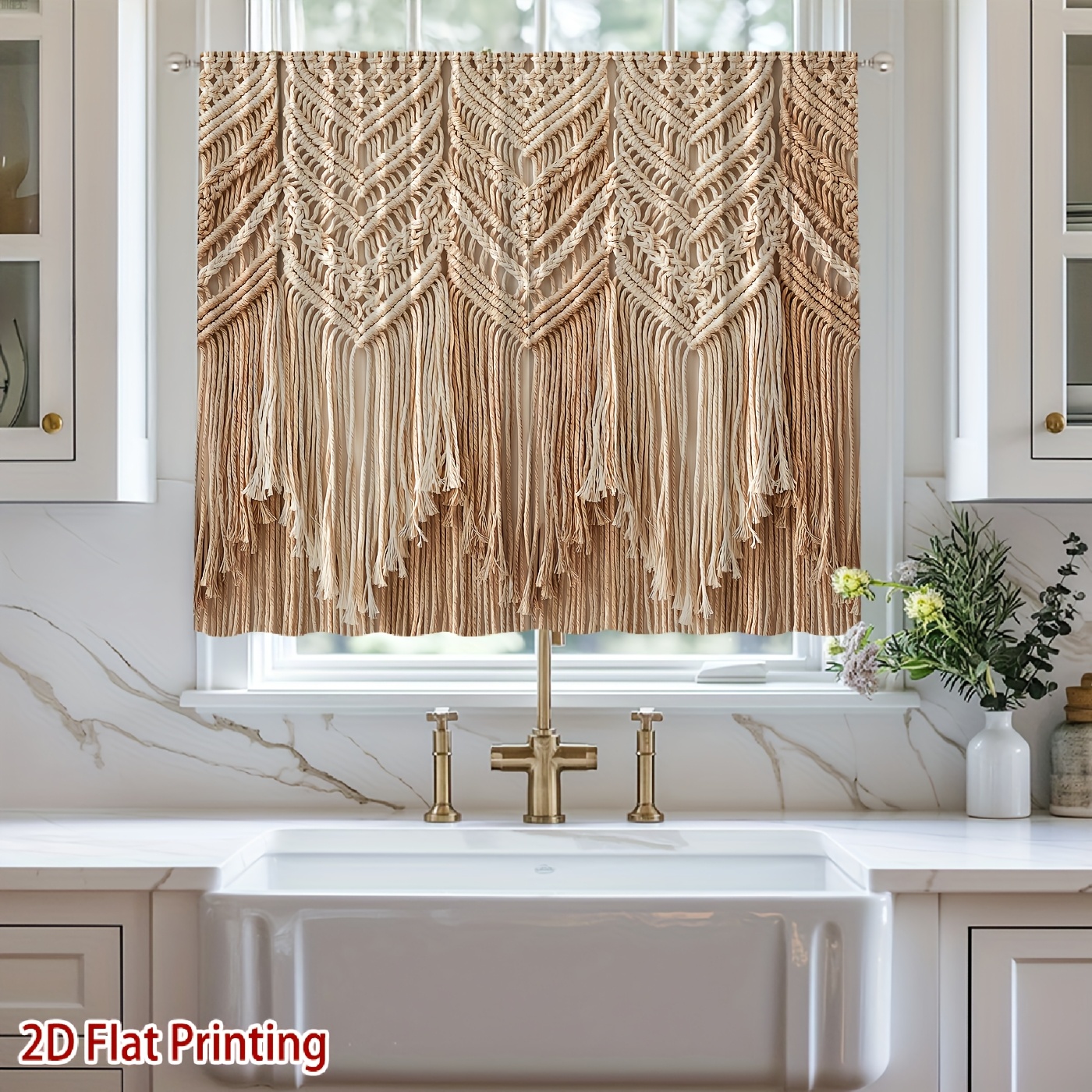 TEMU 2d Flat, 2pcs Bohemian Tassel Curtains Semi-sheer Privacy Window Drapes With Geometric Tassel Trim, Light Filtering Suitable For Living Room,
