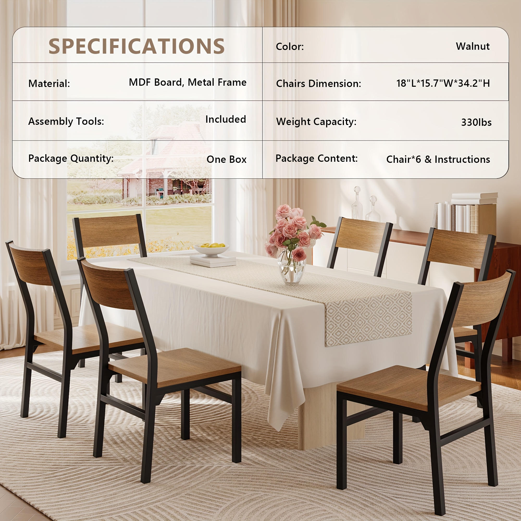 6pcs Modern Dining Chairs Modern Mid-Century Style Dining Room Decorative Chairs, Comfortable Side Seats Without Armrests, MDF Wood Planks with Metal Legs Design, Suitable for Home Kitchen, Bedroom, Living Room, Guest Dining Room