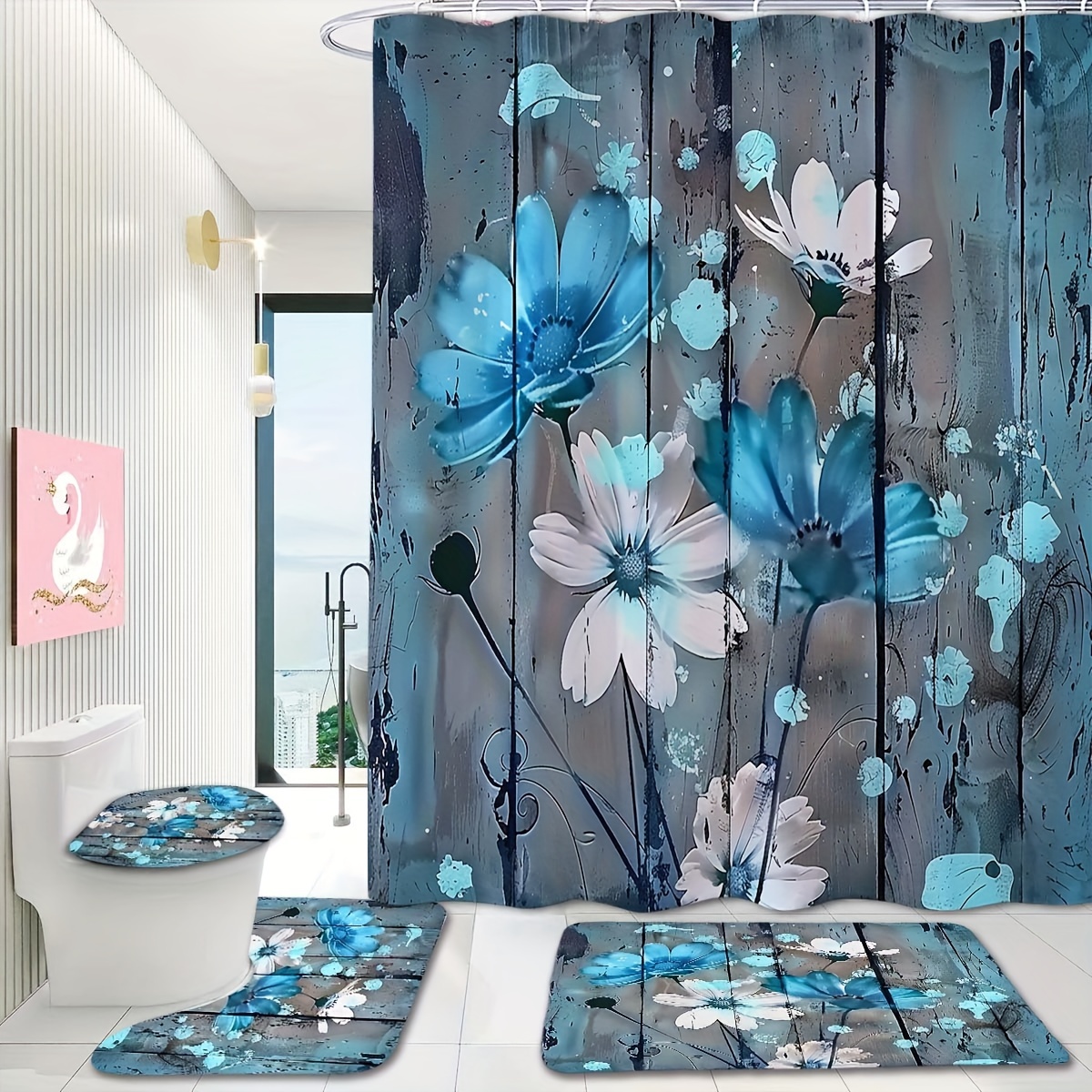 

4pcs Creative Wooden Blue Floral Shower Curtain Set, , Waterproof Shower Curtain, Bathroom Carpet, Toilet U-shaped Pad, Toilet Lid Cover, Bathroom Decoration With 12 Hooks, Bathroom Accessories, Mat