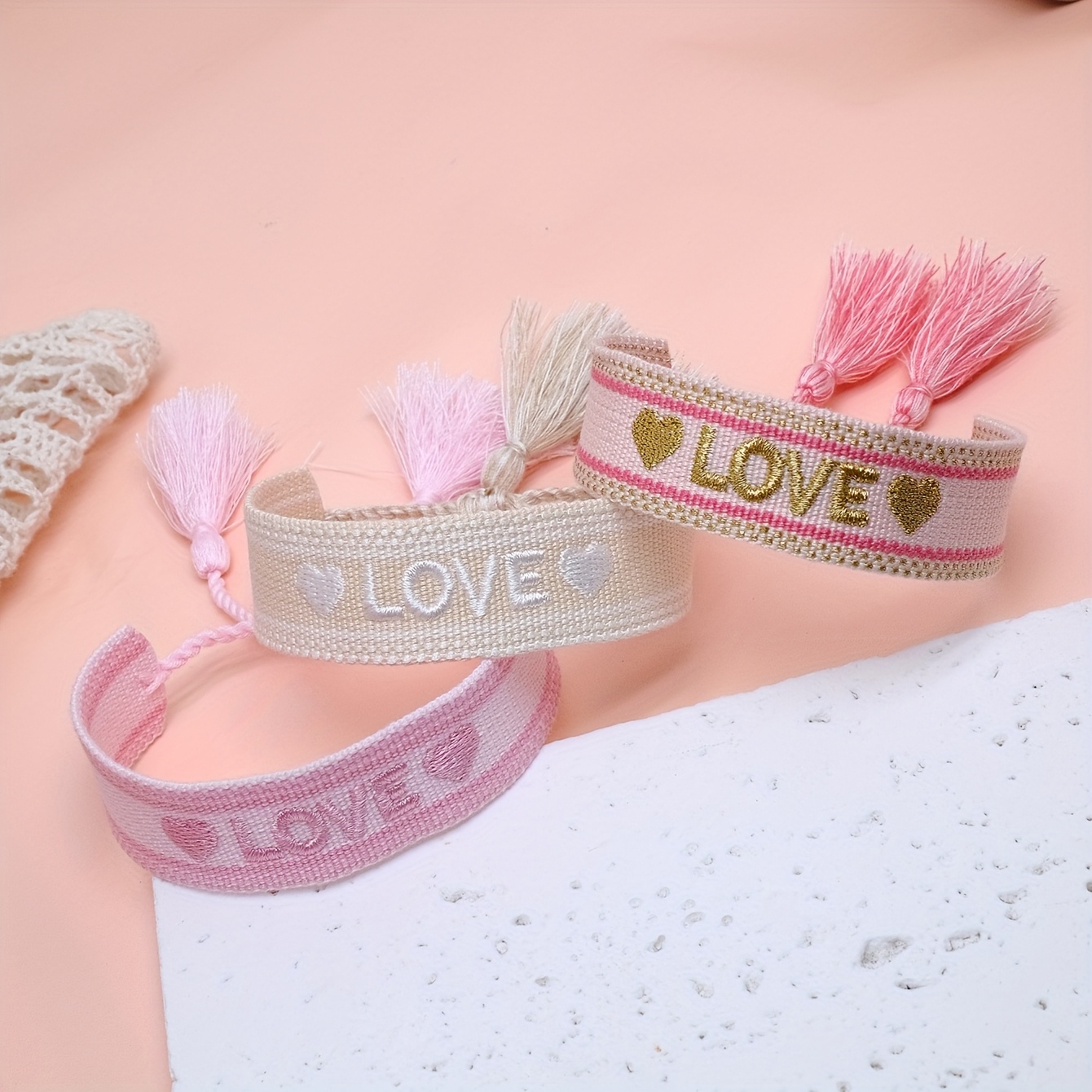 Image of 3pcs Set Embroidered Heart Letter "love" Bracelet, Hand-woven Vintage Tassel, Adjustable Size Boho Cord, Suitable For Women, , Holiday Gifts, Parties, Travel, Weddings, And Wearing As A Wristband