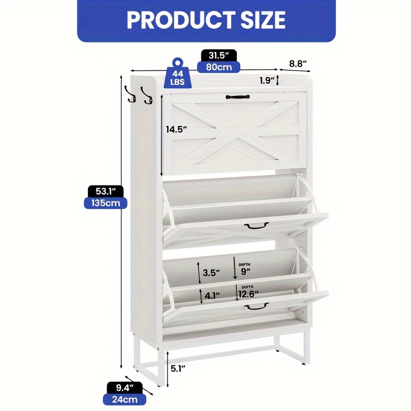 TEMU Terraloom Farmhouse Shoe Storage Cabinet With 3 Flip Drawers, Freestanding Shoe Organizer For 24 Pairs, Narrow Slim Shoe Rack Cabinet For Entryway, Living Room, Hallway (white)
