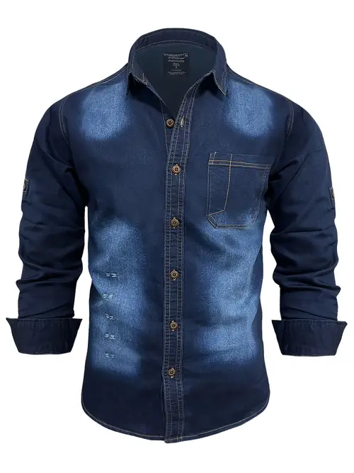 남성용 세련된 염색 데님 셔츠 - 면 80%, 폴리에스테르 20% 혼방, 래펠 칼라가 있는 캐주얼 슬림핏, 올 시즌 짜임새가 없는 비늘이 없는 원단, 버튼 디테일 - 성인을 위한 세련된 그라데이션 디자인