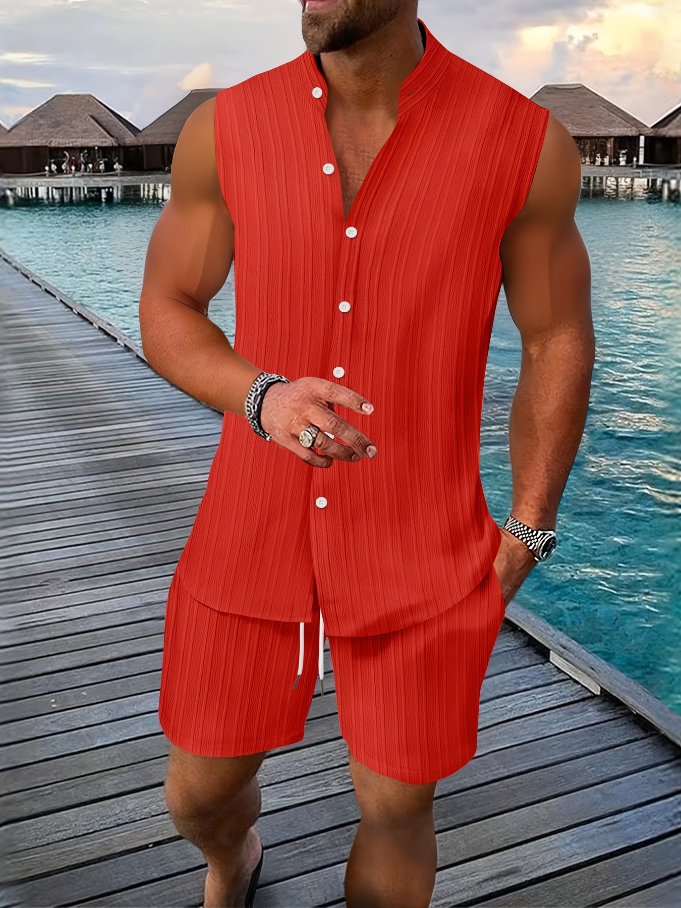 item picture 2026 summer new mens striped jacquard casual beach henley collar sleeveless shirt and shorts set