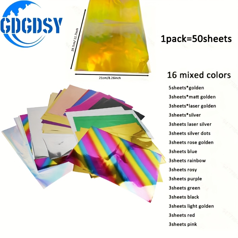 Image of Metallic Foil Transfer Sheets, 50 Sheets A4 Size, 16 Assorted Colors, Aluminum Loose Sheets For Scrapbooking, Paper Crafts, Invitations, Greeting Cards Decoration
