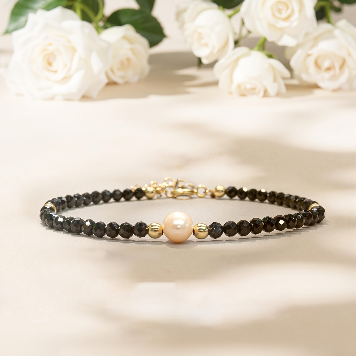 Image of Natural Stone 1pc Women's 3mm Obsidian Bracelet - Exquisite Mixed Stone Smooth Black And Glossy White Fashion Jewelry