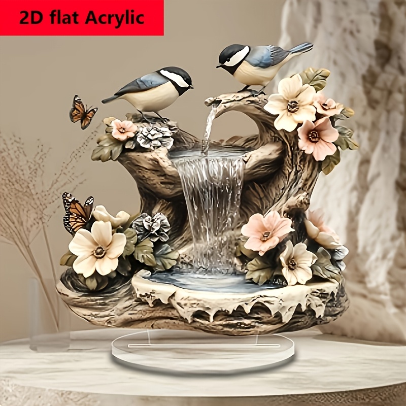 

2d Flat, Bohemian Acrylic Bird Waterfall Desktop Fountain - Theme With & Floral Accents, Decor For Home, Office, , Multi-functional Decorative Plaque, Flower Decorations