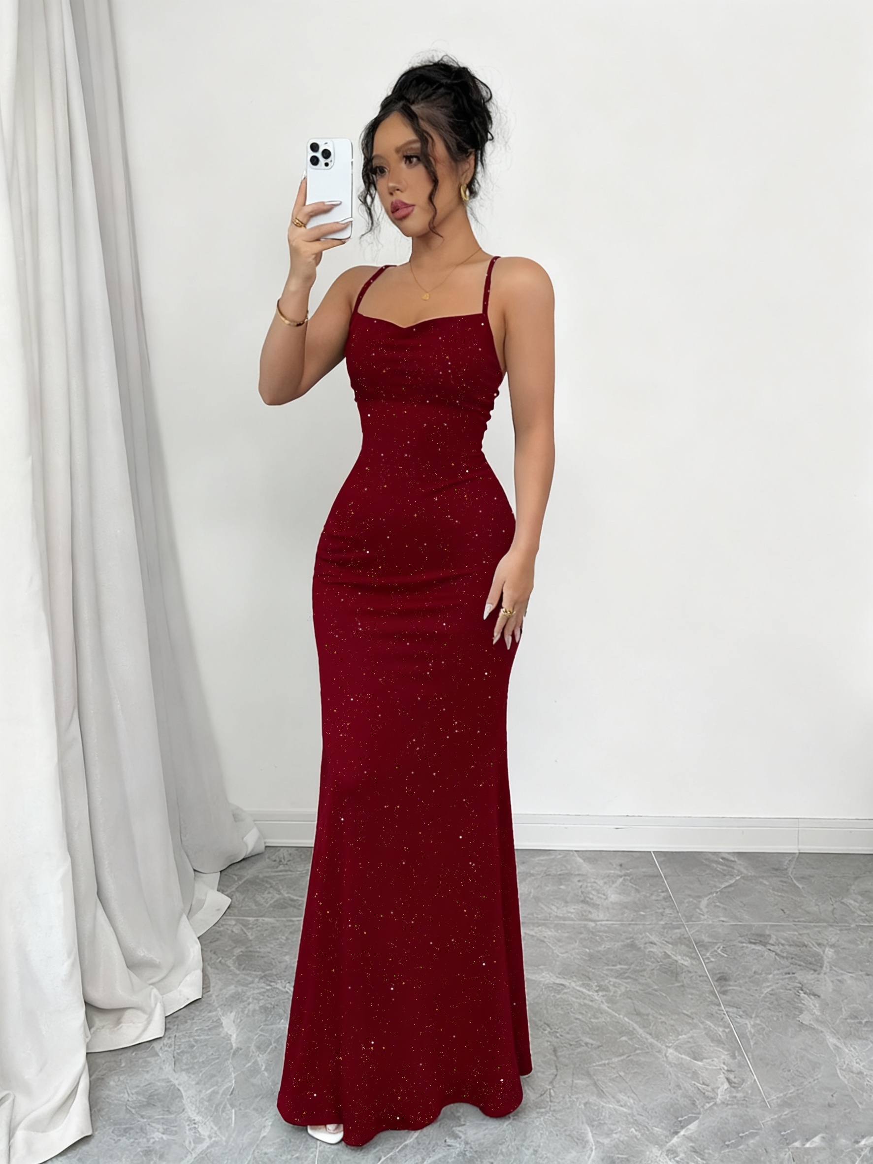 Women'S Burgundy Star Sequin Thin Strap Bodycon Mermaid Dress - * Party  Gown, Stretchy Fabric, Runs Large * Size